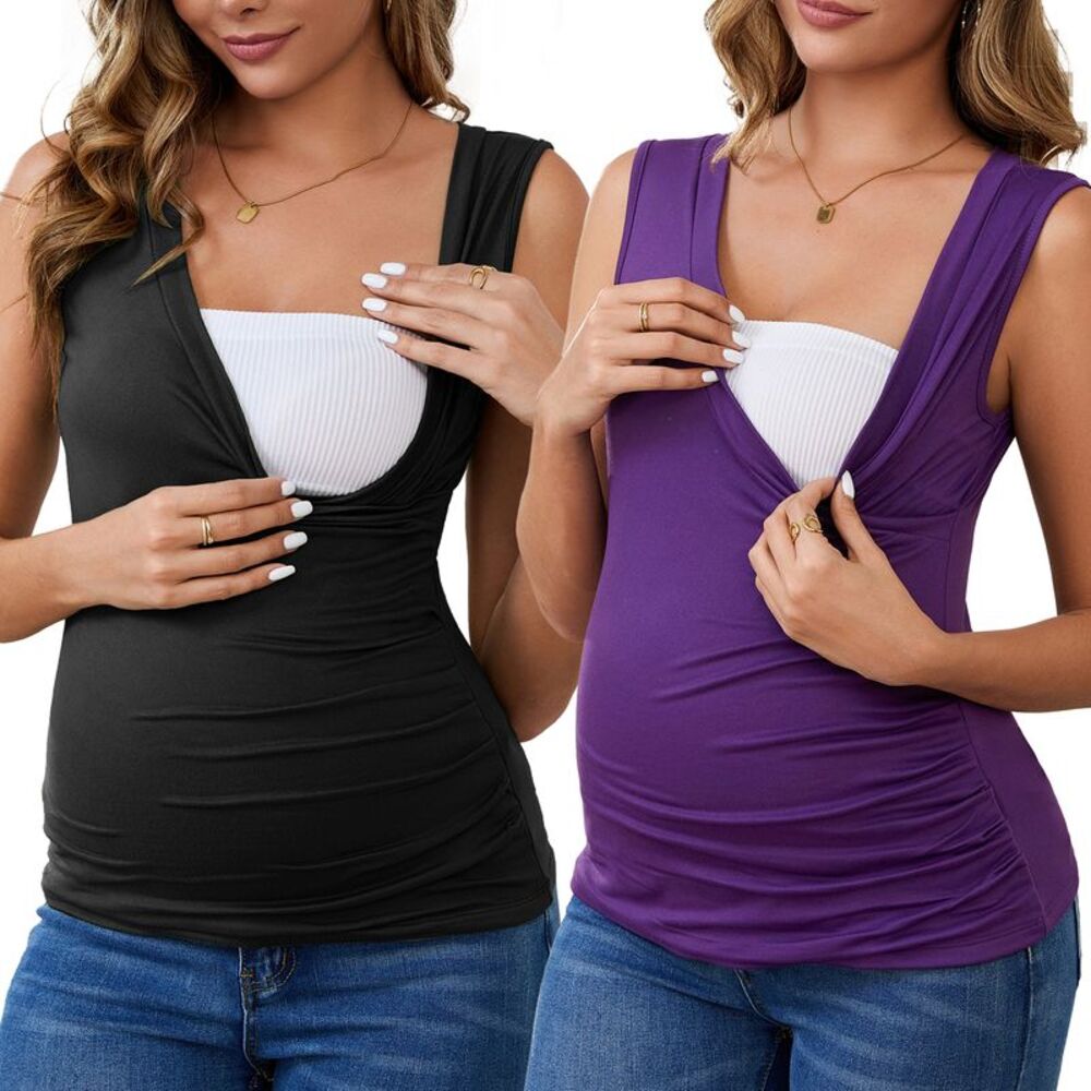 2-Pack Nursing Tank Wrap Ruched Breastfeeding Maternity Tops Black&Purple